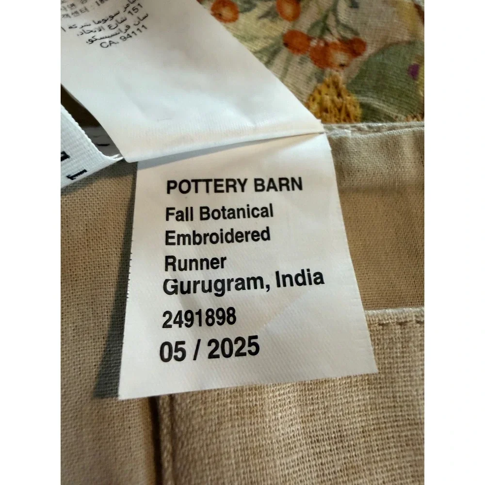 Pottery Barn Fall Botanical Embroidered Table Runner Cotton Linen 108x18 Floral